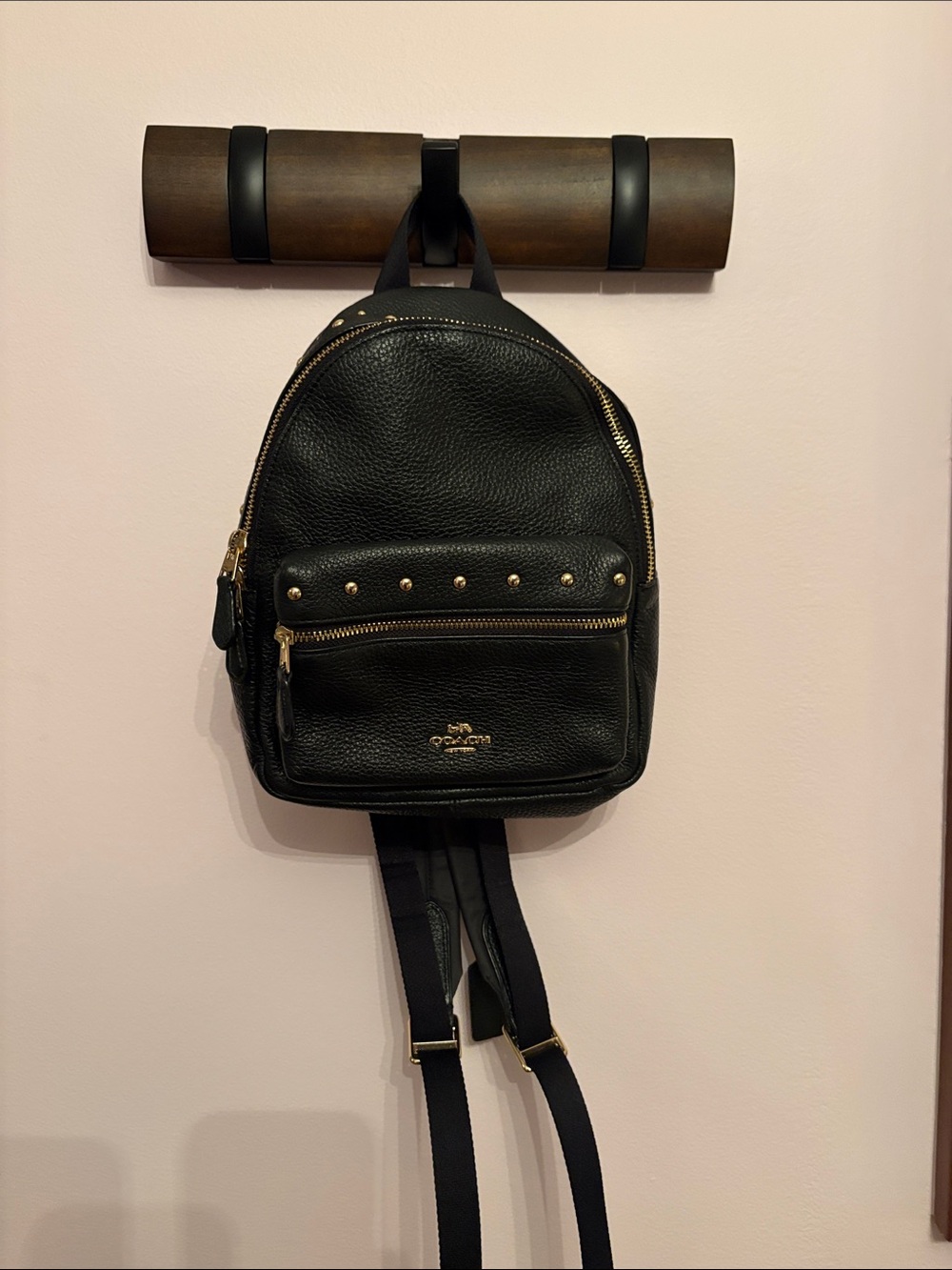 Coach Black Pebbled Leather Mini Backpack with Gold Studs